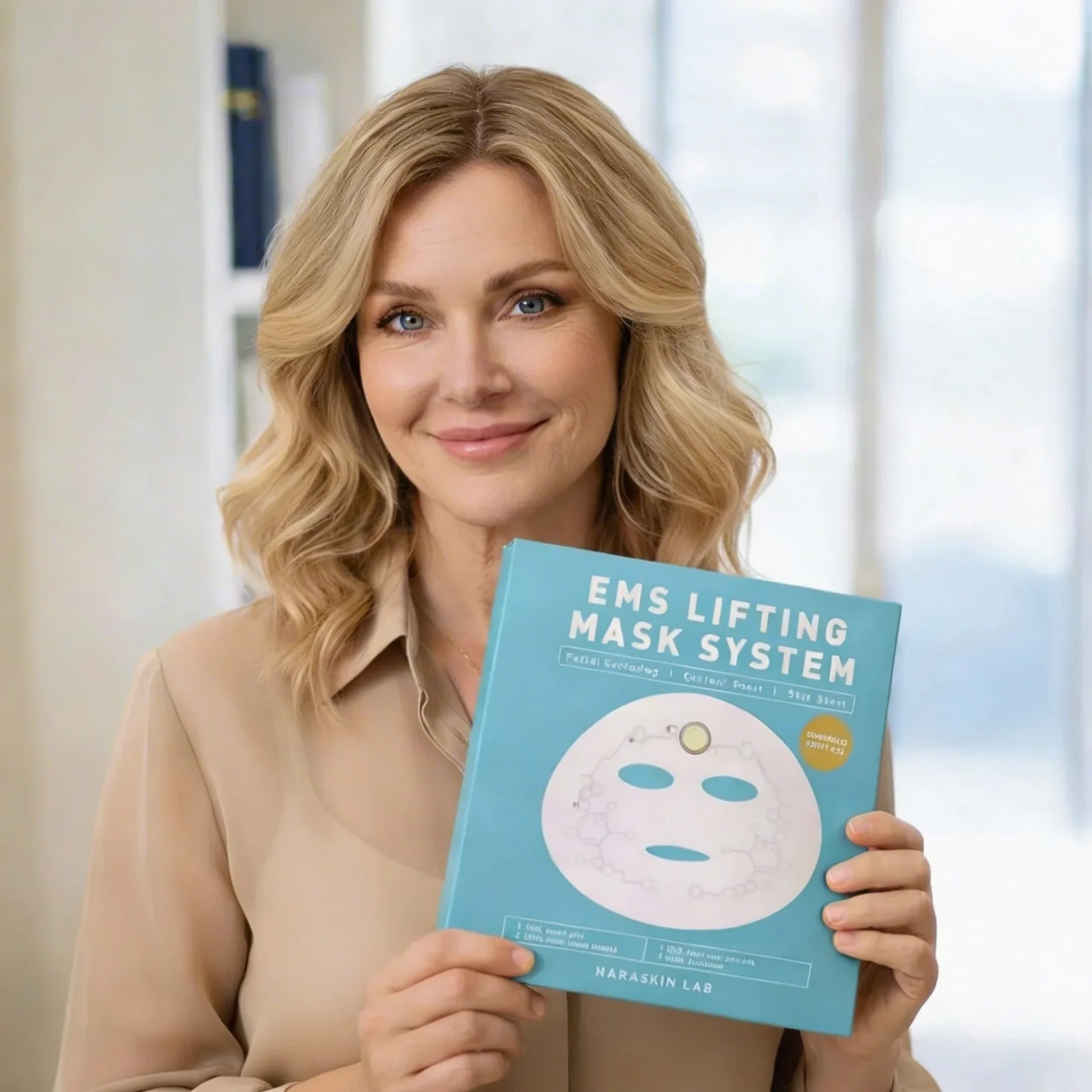 Woman holding EMS Lifting Mask System box