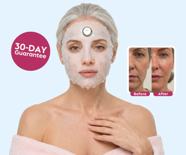 Woman wearing EMS Lifting Mask with 30-day guarantee and before/after