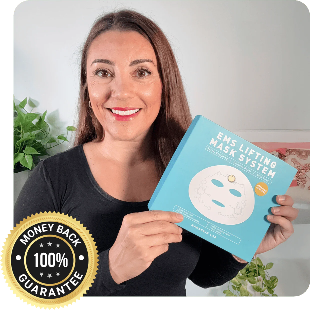 Founder holding EMS Lifting Mask System box with 100% Money-Back Guarantee badge